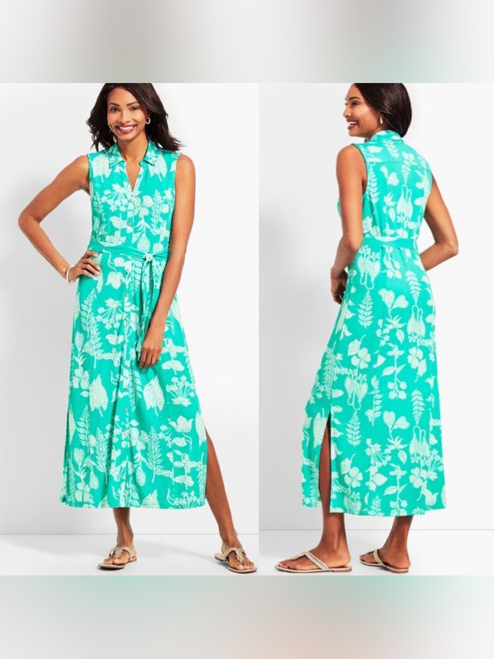 NWT Talbots Teal Green White Floral Print Slinky Maxi Dress Size Large